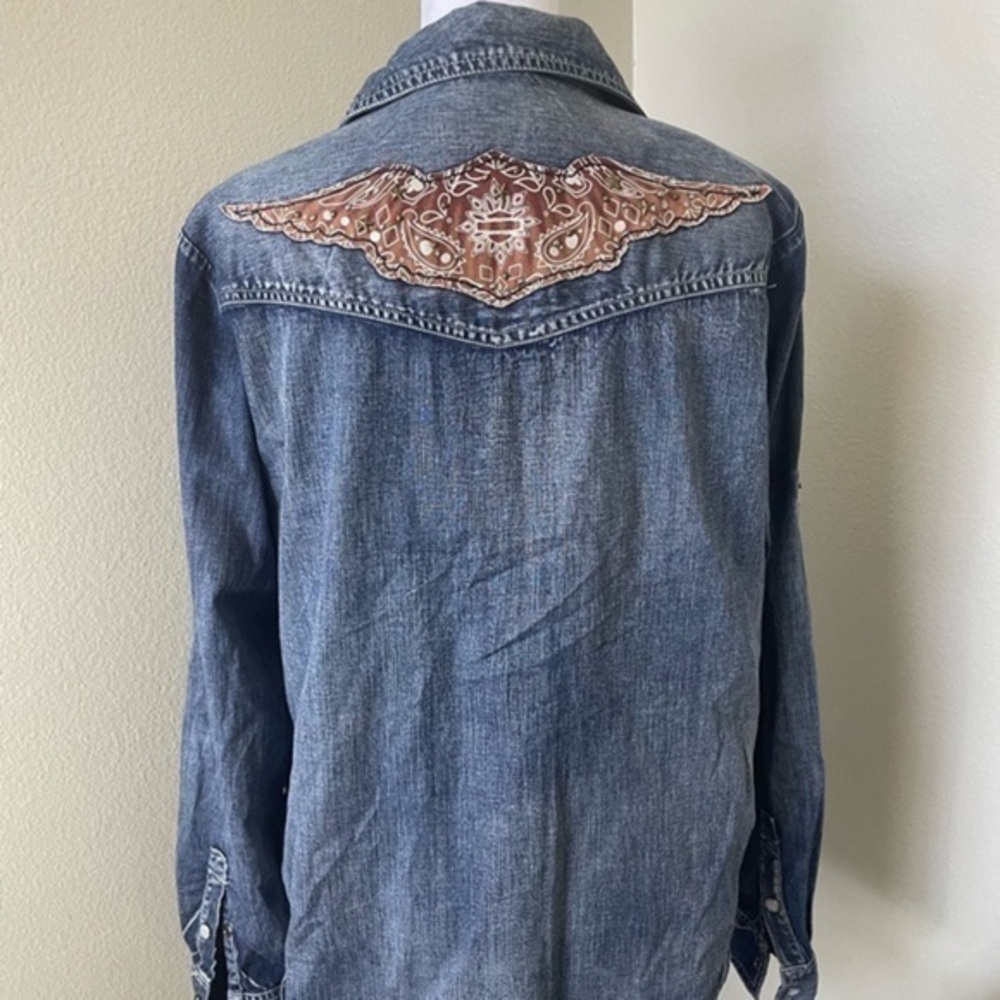 Harley-Davidson Bandana Stud Detail Medium Wash Denim Shirt Size large